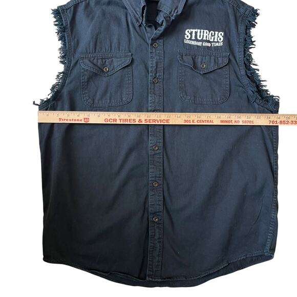 Sturgis Sleeveless Shirt Men Size Large Black Motorcyle Rally Raw Edge Button Up - Picture 9 of 10